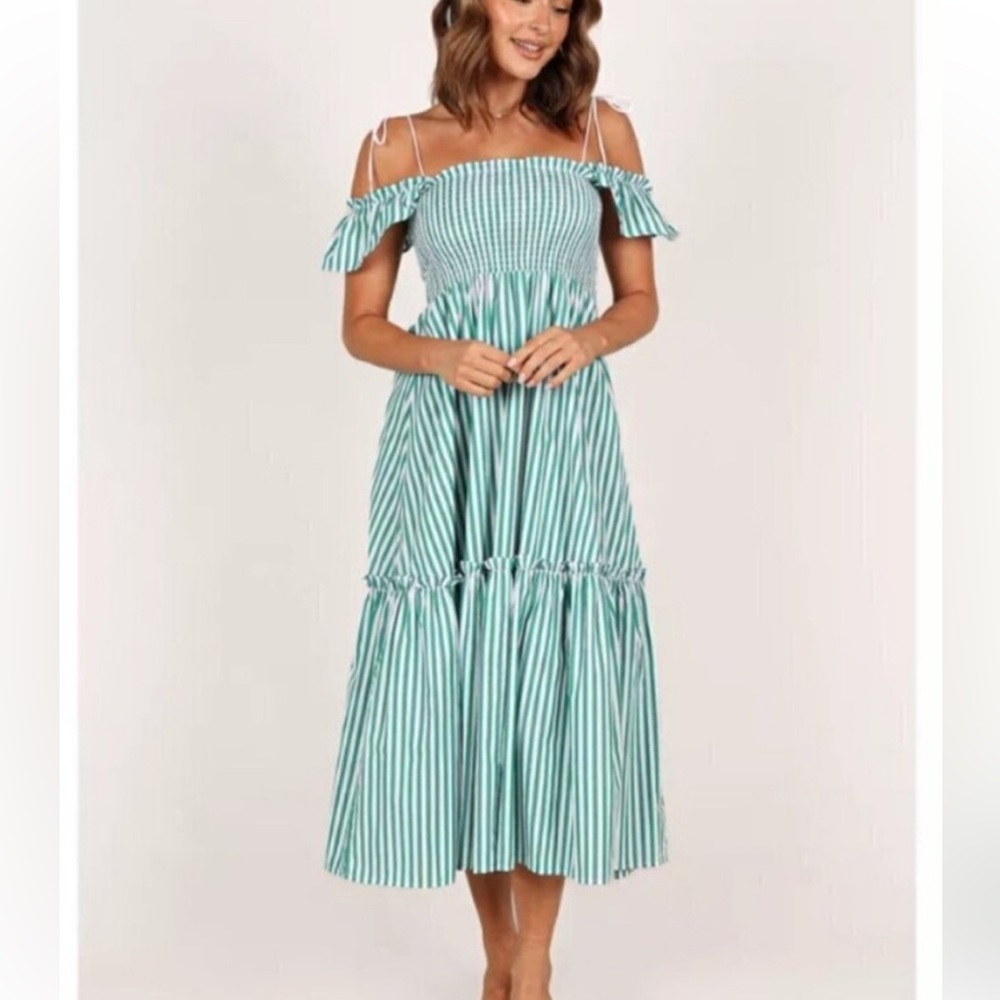Petal and Pup Striped Green Off the Shoulder Summer Dress